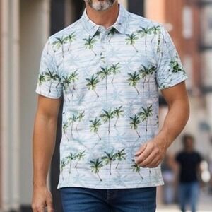Yatta Golf Palm Tree Performance Polo Shirt Blue White Men's Medium Tropical